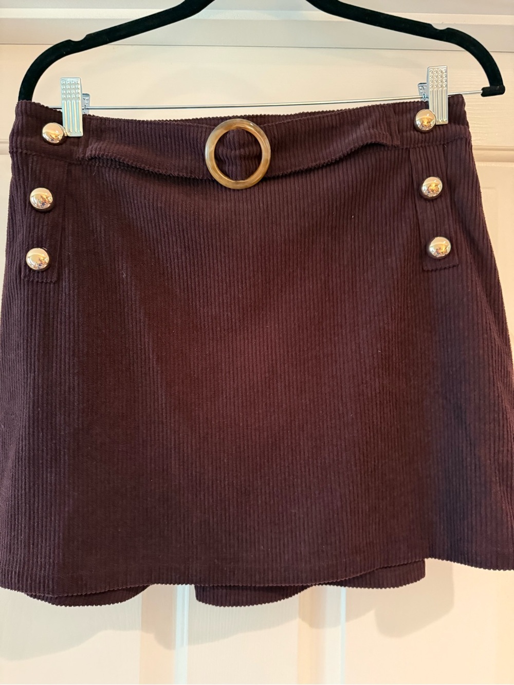 CUPSHE Corduroy Mini Skort with Decorative Buttons and Ring Accent - Dark Brown